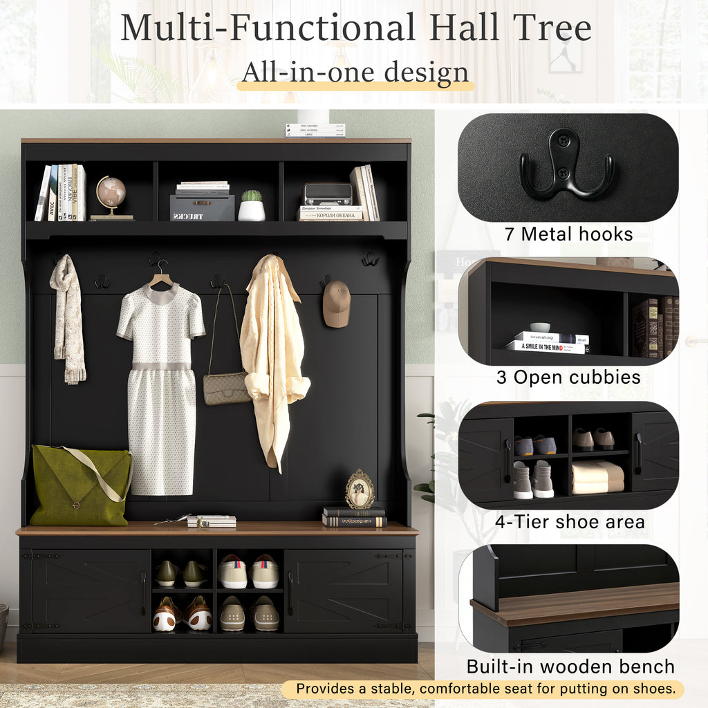 Vibe Haus 71"H Farmhouse Hall Tree with Bench and Shoe Storage