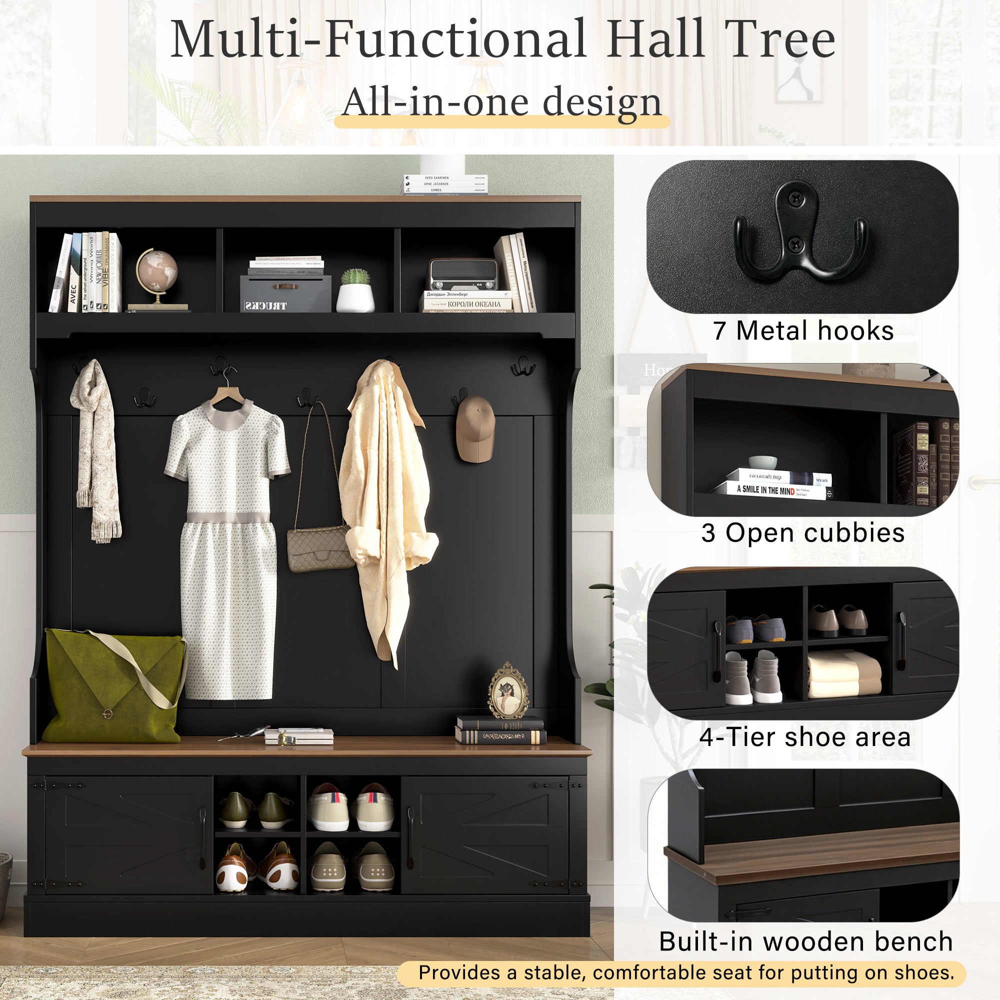 Vibe Haus 71"H Farmhouse Hall Tree with Bench and Shoe Storage