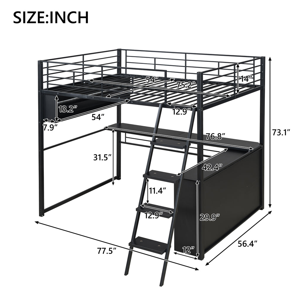 Full Size Metal Loft Bed With LED, Desk And 4 Storage Shelves