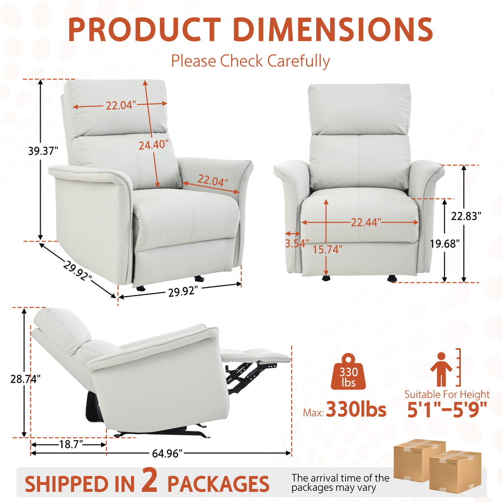 Manual Rocker Recliner Chair for Adults - PU Light Gray