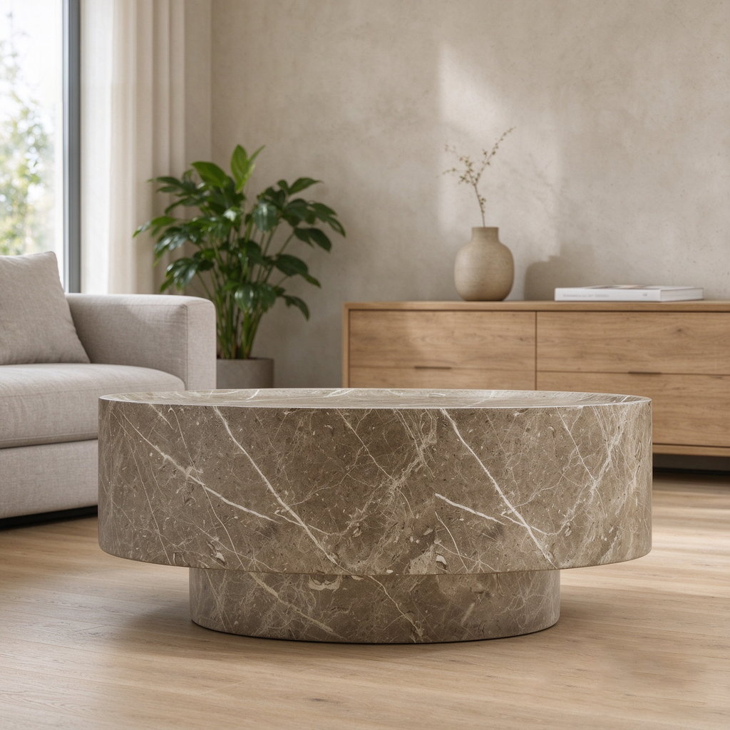 Travertine-Look Round Coffee Table, 31.5-Inch, Brown