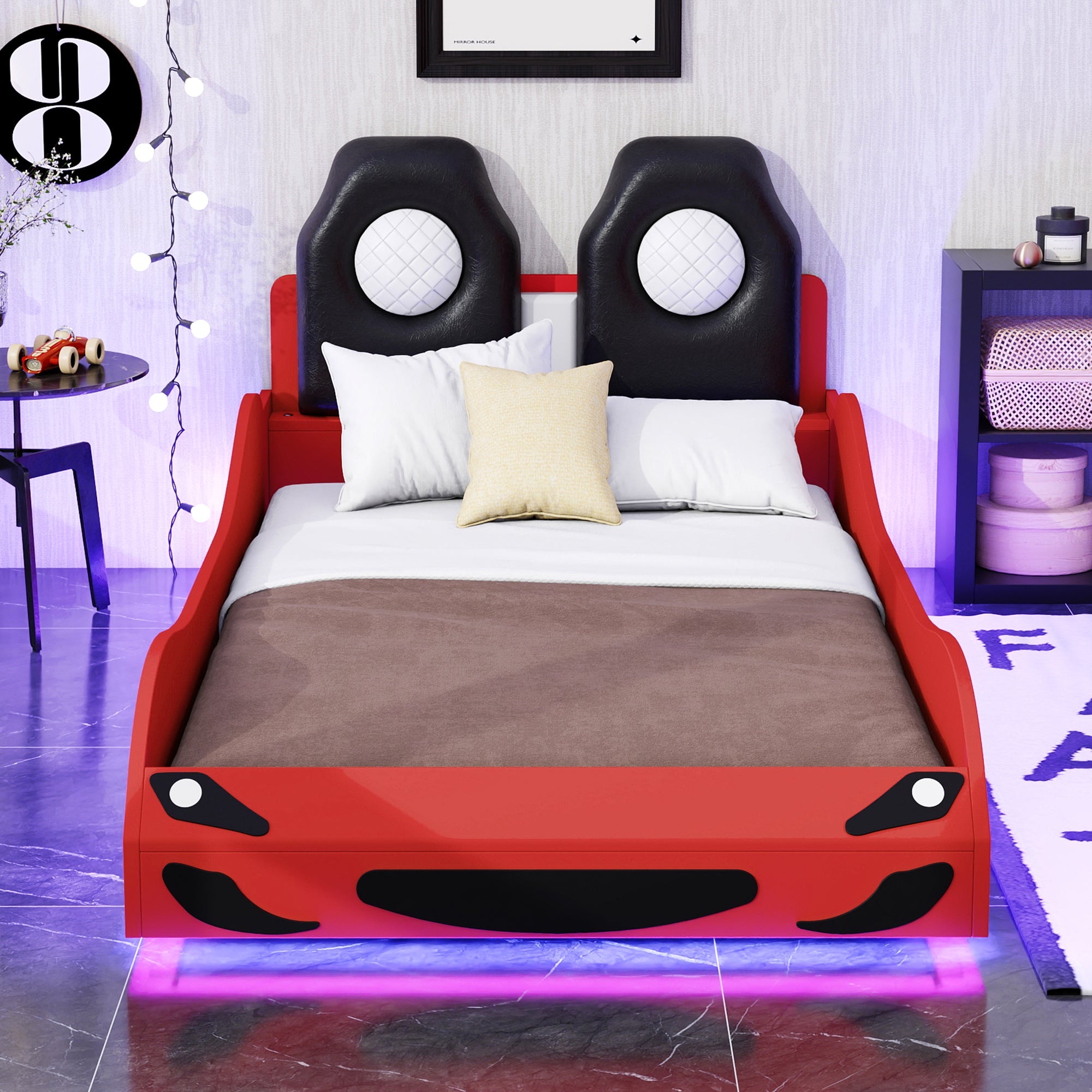 Wood Twin Size Race Car-Shaped Platform Bed