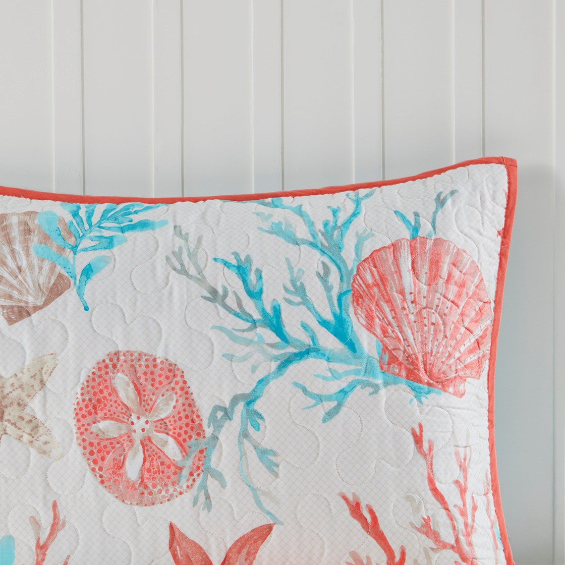 6 Piece Cotton Sateen Quilt Set with Throw Pillows - Coral Full/Queen