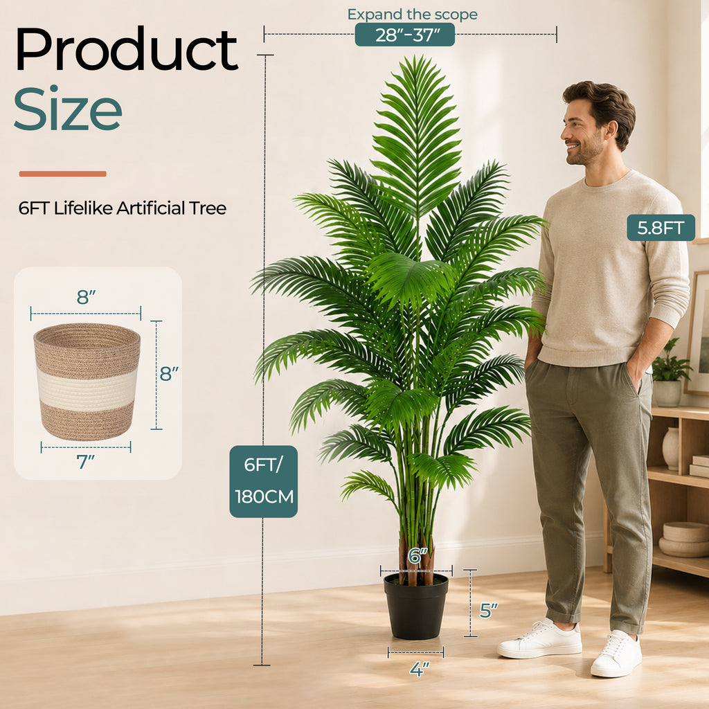 Artificial Palm Tree 6ft, Large Fake Tropical Tree with 23 Fronds