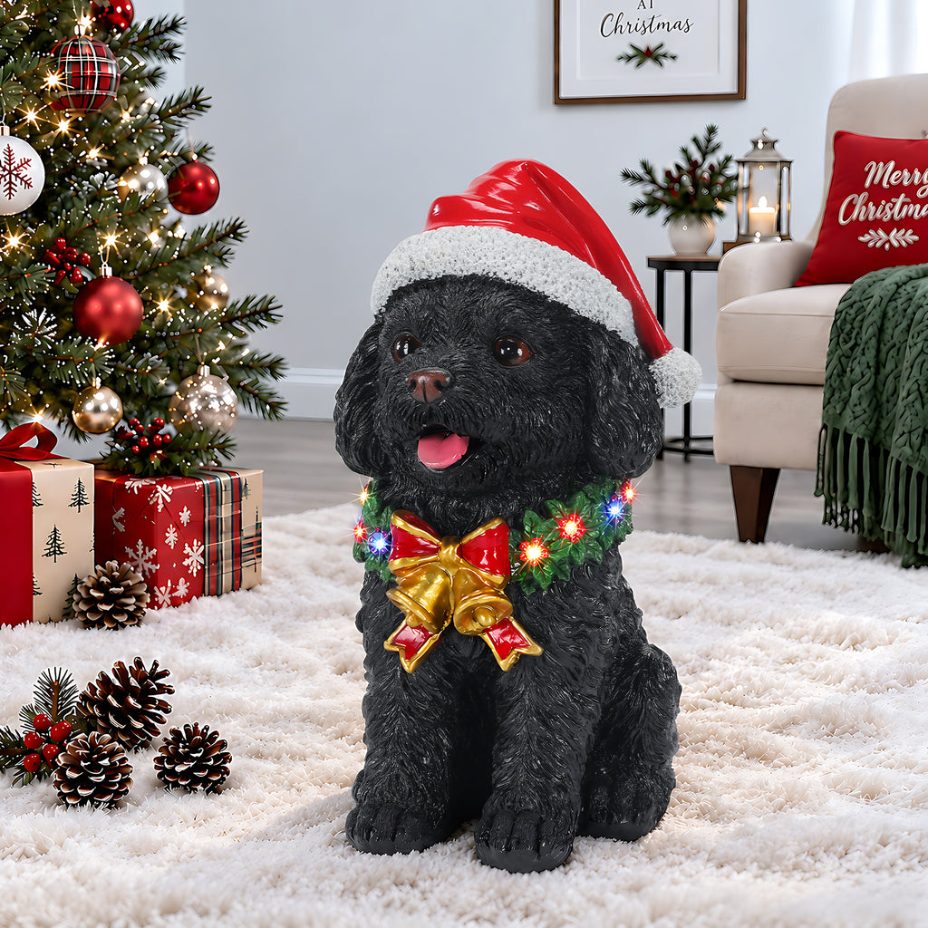Lighted Christmas Teddy Poodle Dog Statue, Santa Hat Puppy Figurine, Black