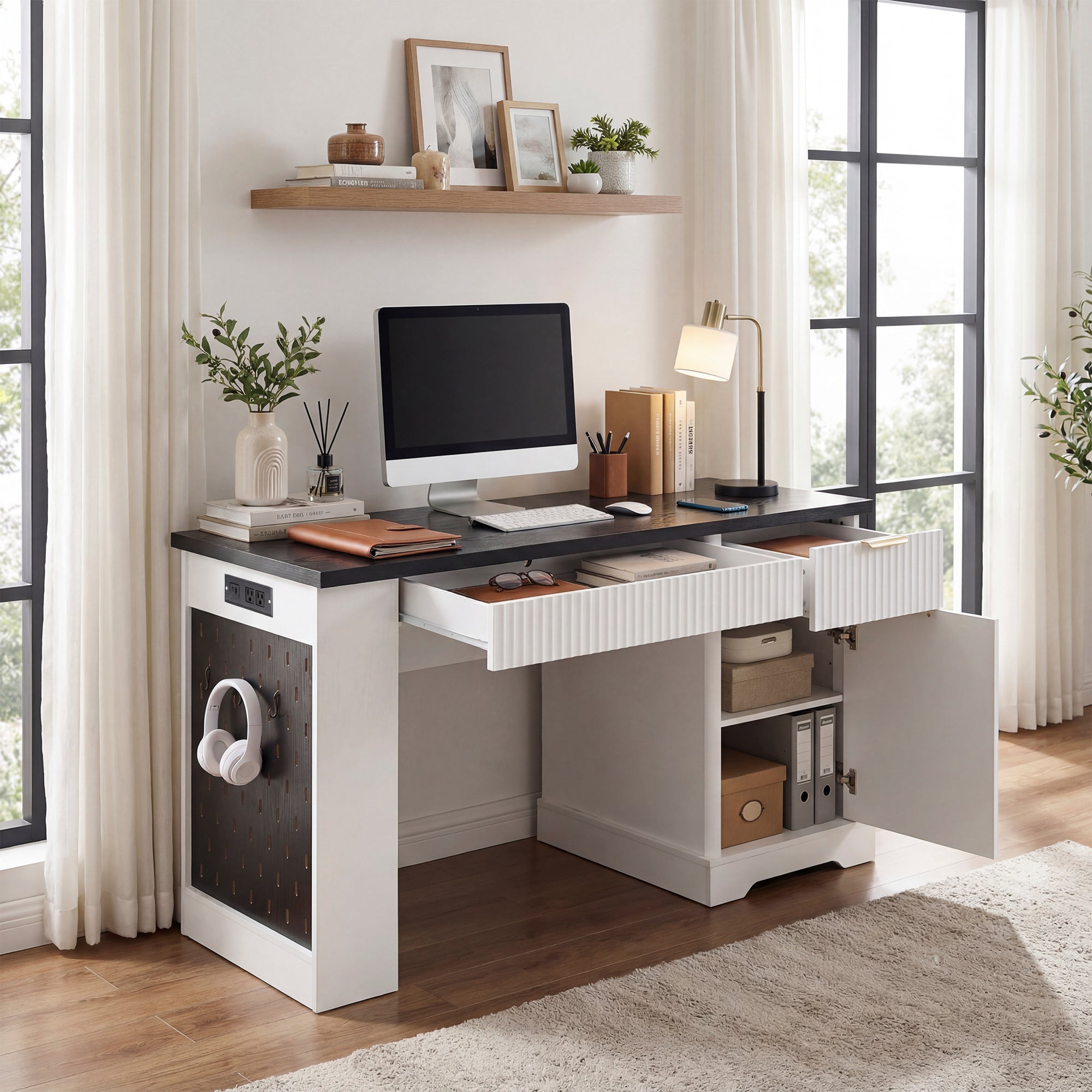 55" Modern Fluted Office Desk with Storage Cabinet & Drawers