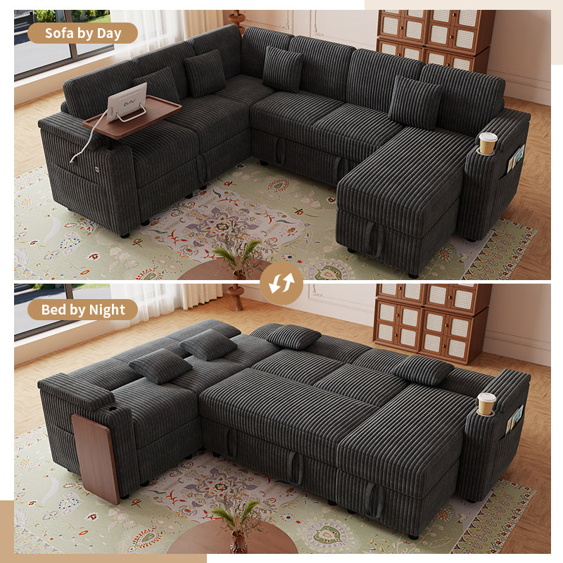 100-Inch Pull-Out Sofa with USB Ports, Table Board & Cup Holder