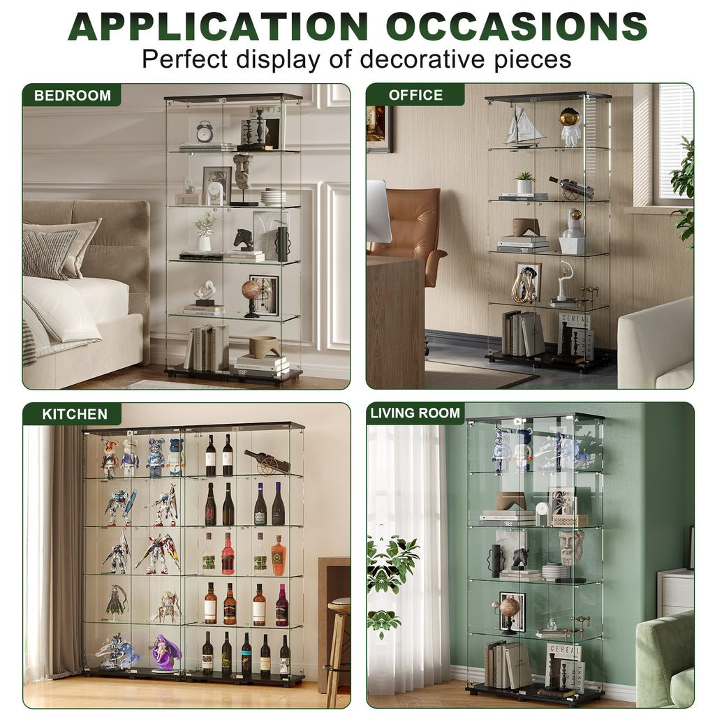 Glass Display Cabinet with 5-Shelf Double Doors and Lock
