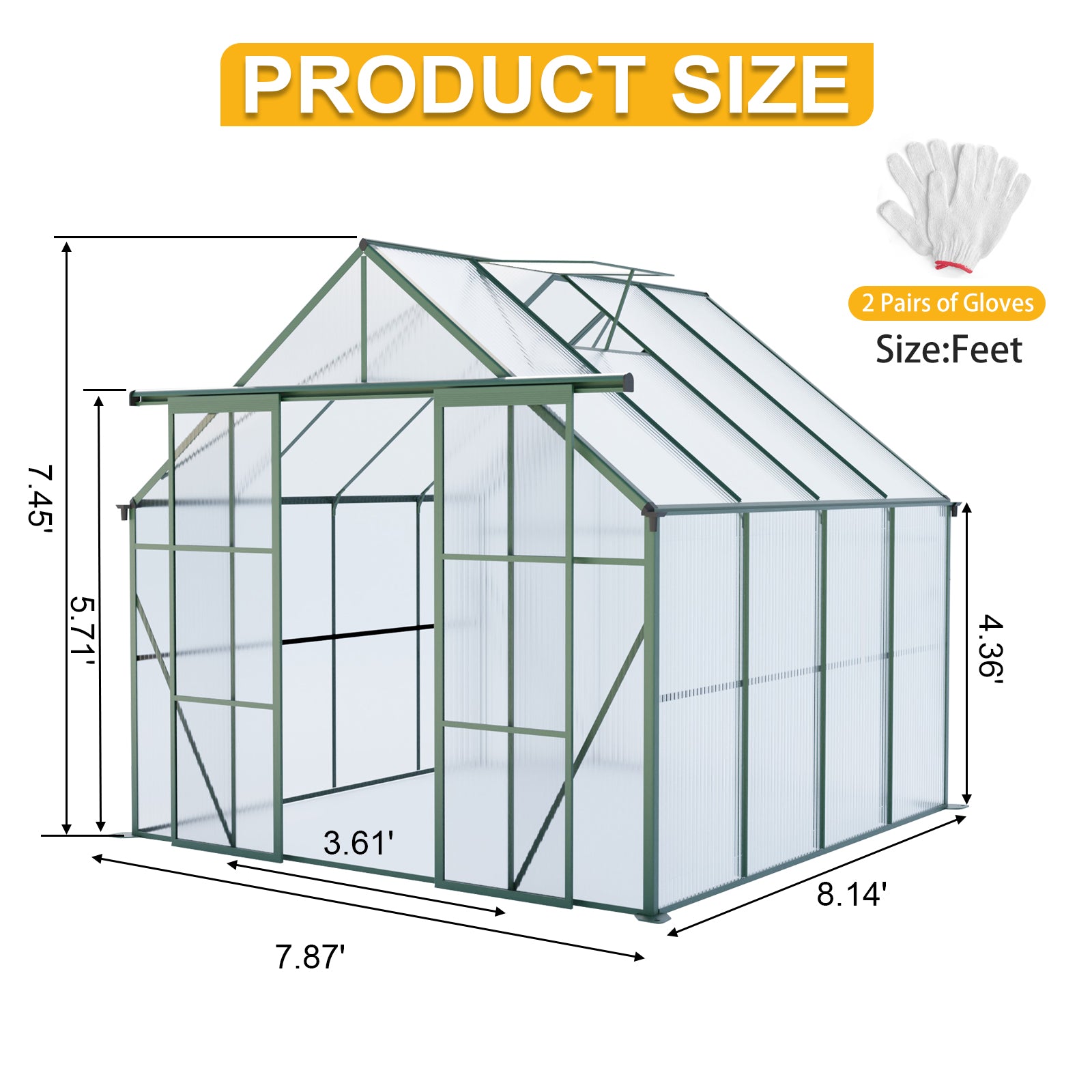 8x8 FT Double Door Polycarbonate Greenhouse