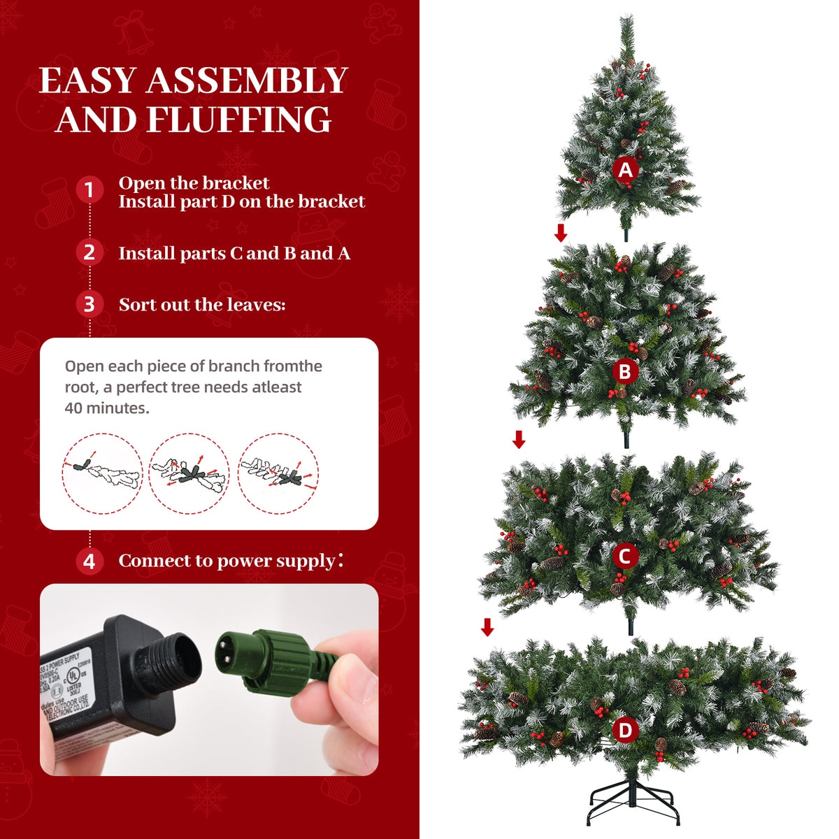 9-Foot Pre-Lit Pre-Decorated Pine Artificial Christmas Tree with Frosted Tips and Pine Cones, Green