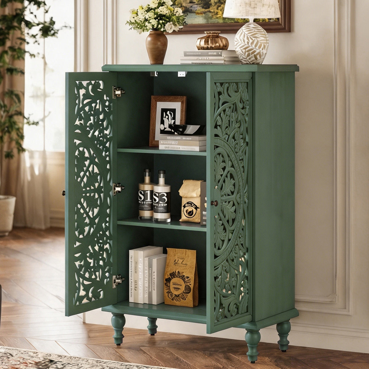 Tall Accent Cabinet with Carved Double Doors, Antique Green, 47-Inch