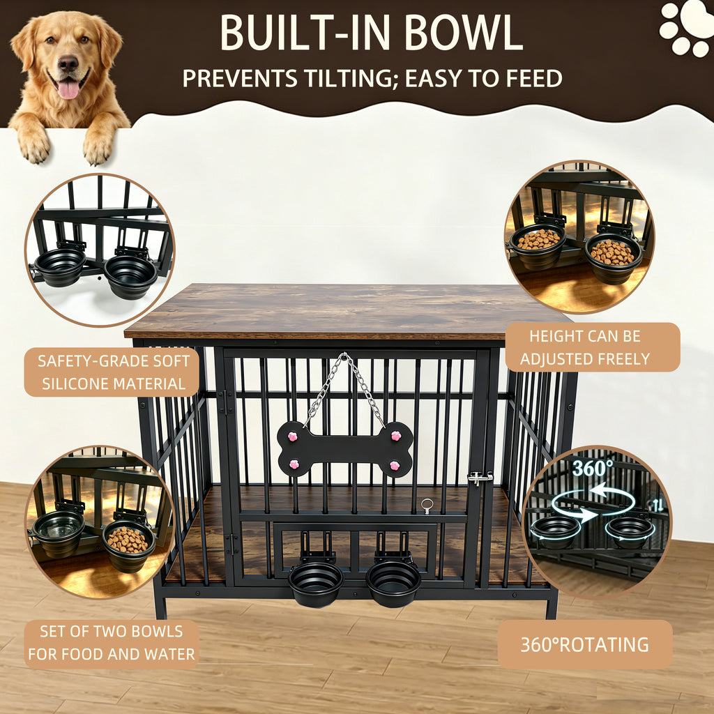 Vintage Wood Grain Dog Cage with 360 Degree Rotating Bowl
