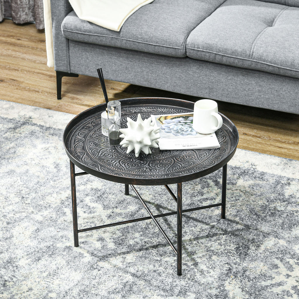 HOMCOM 24-Inch Round Coffee Table with Hammered Tray Top, Pewter