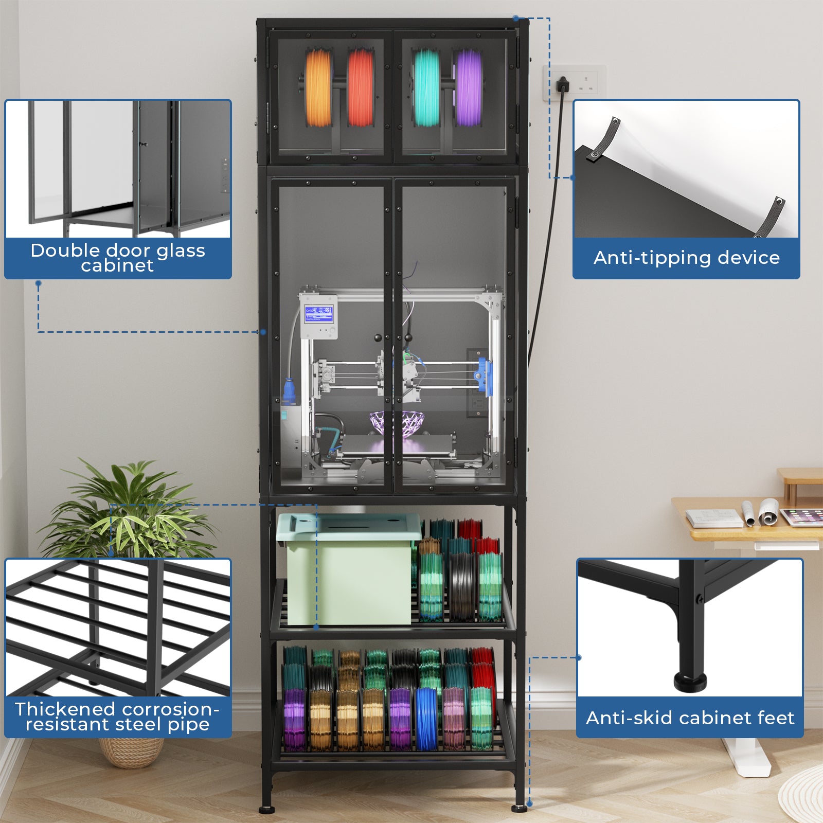 3D Printer Cabinet with Double Layer 3D Printer Filament Storage Rack