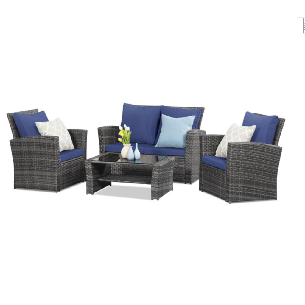 4-Piece Wicker Patio Conversation Set with Glass Table