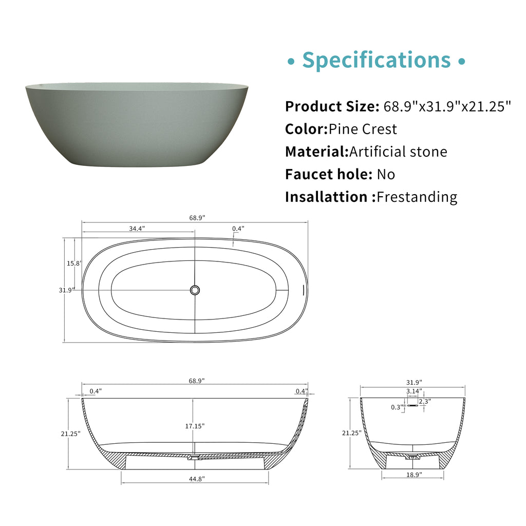 69'' Freestanding Bathtub Resin Stone Soaking Bathtub