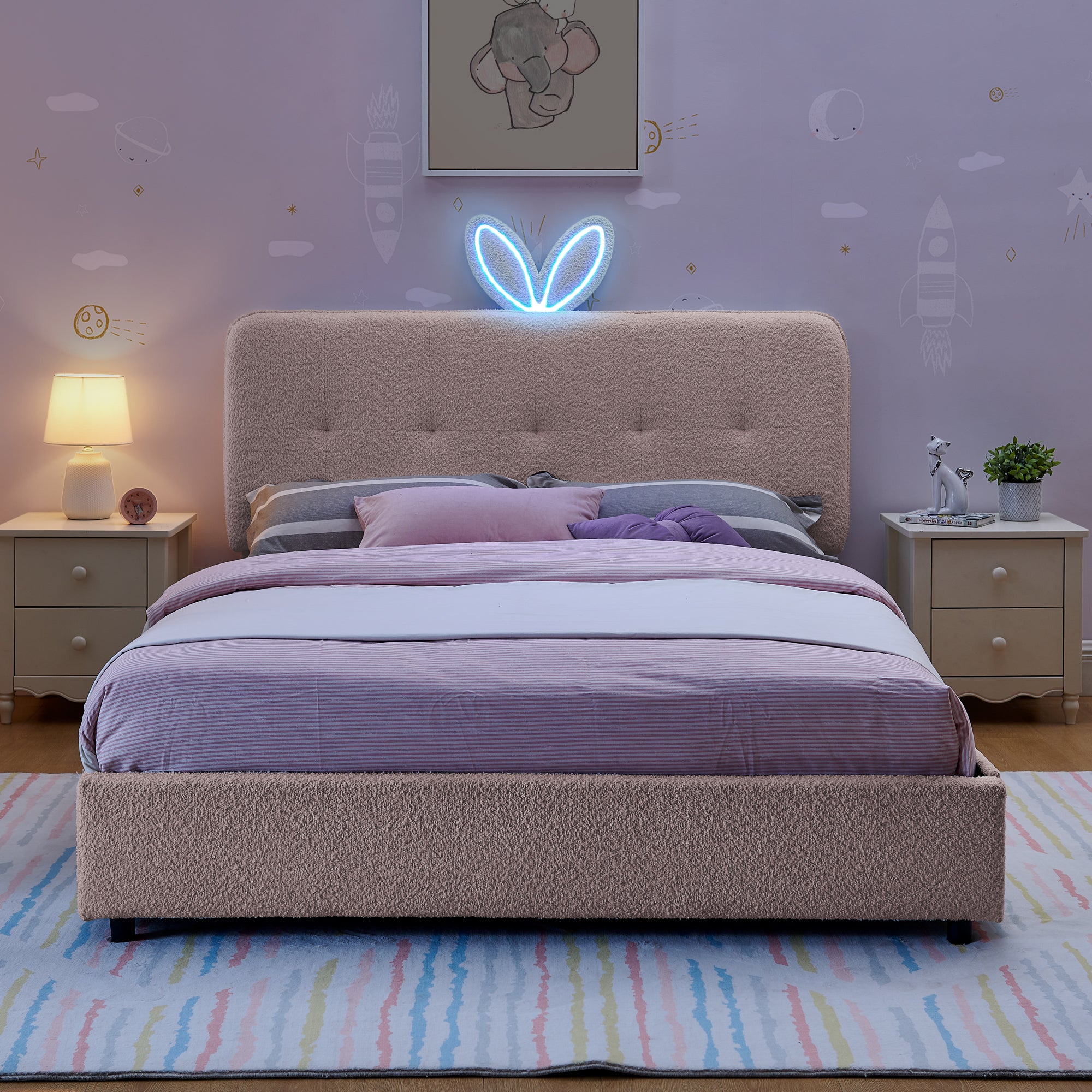 Full Size Kids Upholstered Bed with Oversized Rabbit Ear Headboard