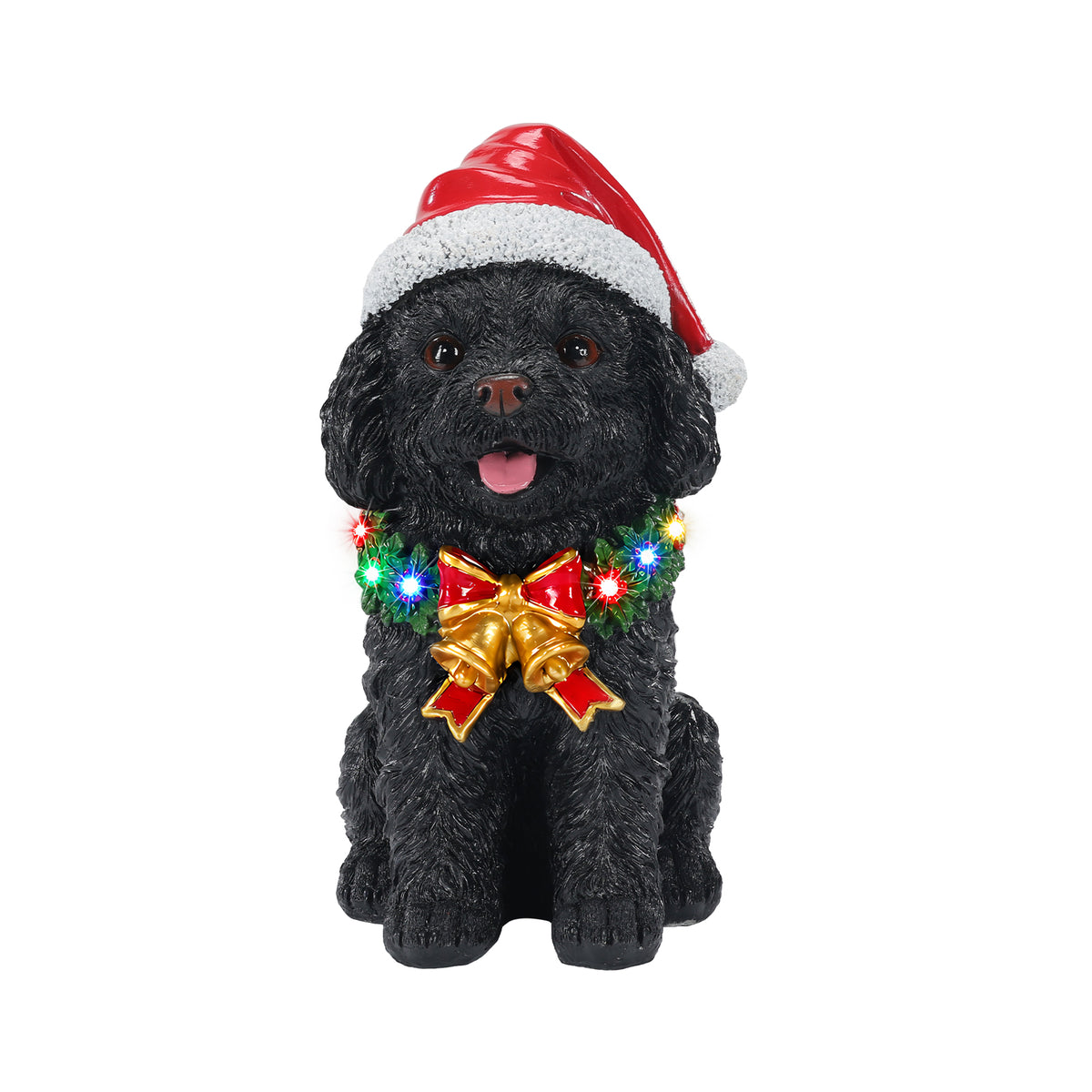 Lighted Christmas Teddy Poodle Dog Statue, Santa Hat Puppy Figurine, Black