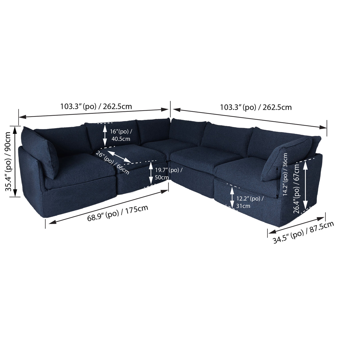 L Shaped Sectional, Blue, Deep Seating with Modular Design