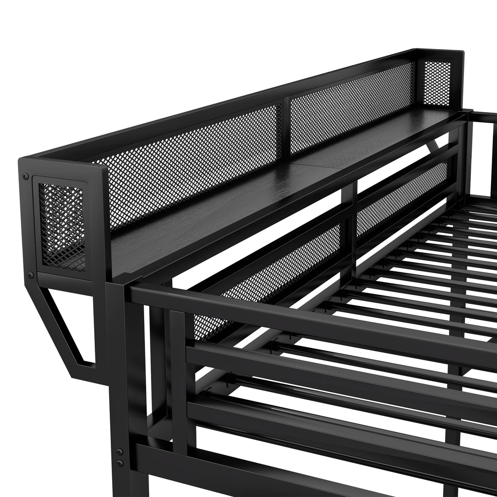 Queen Size Loft Bed with Stairs, Metal Loft Bed with Storage Shelves