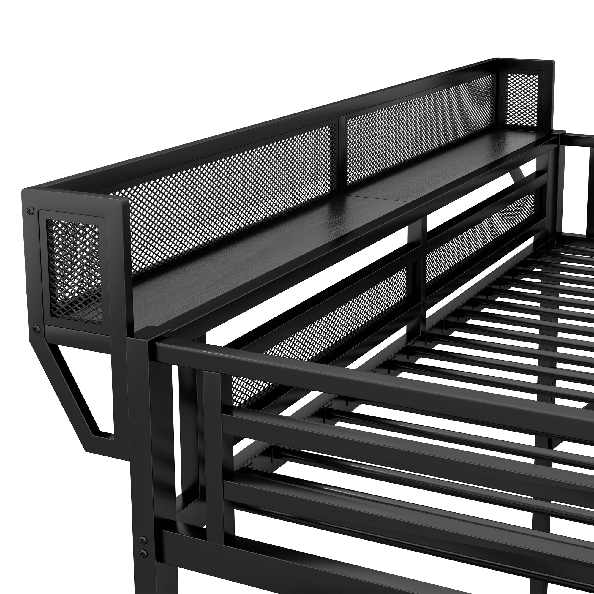 Queen Size Loft Bed with Stairs, Metal Loft Bed with Storage Shelves