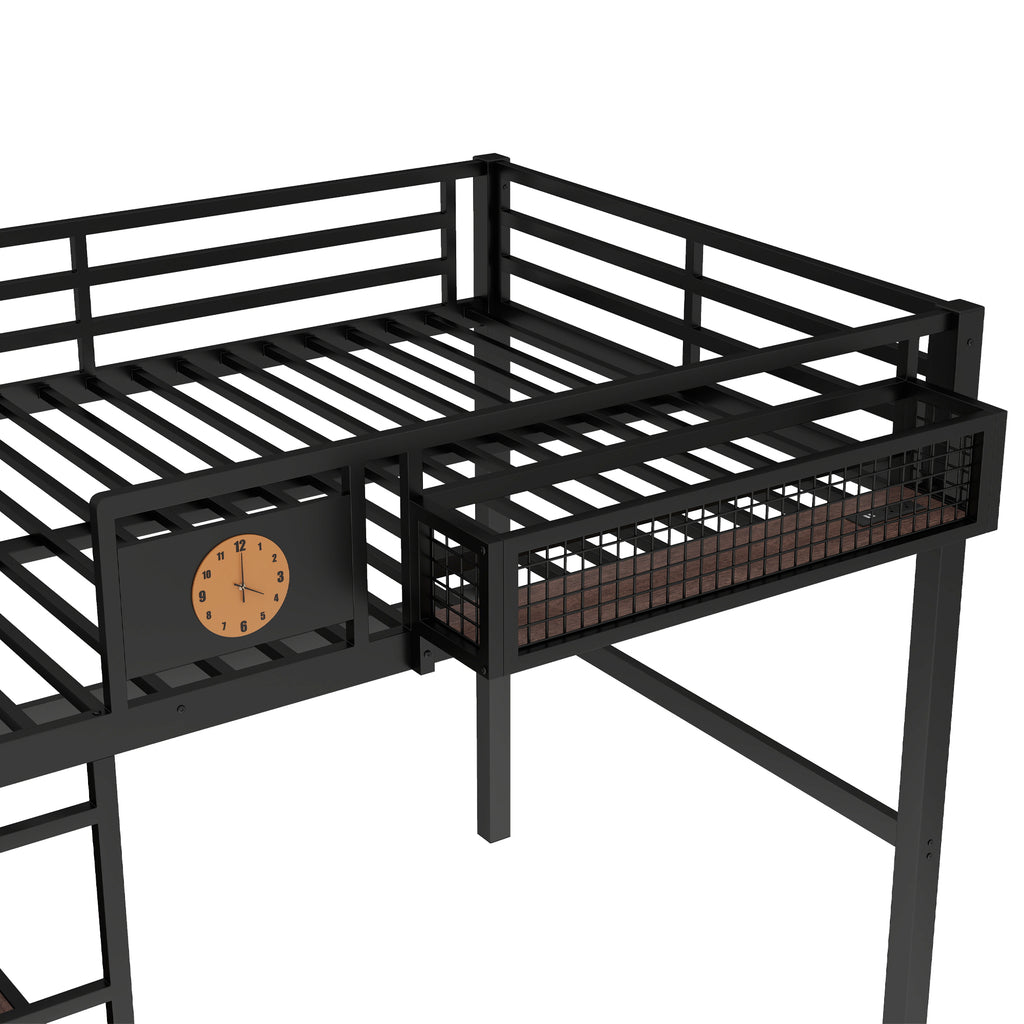 Full Size Loft Bed Frame with Desk and Storage Basket