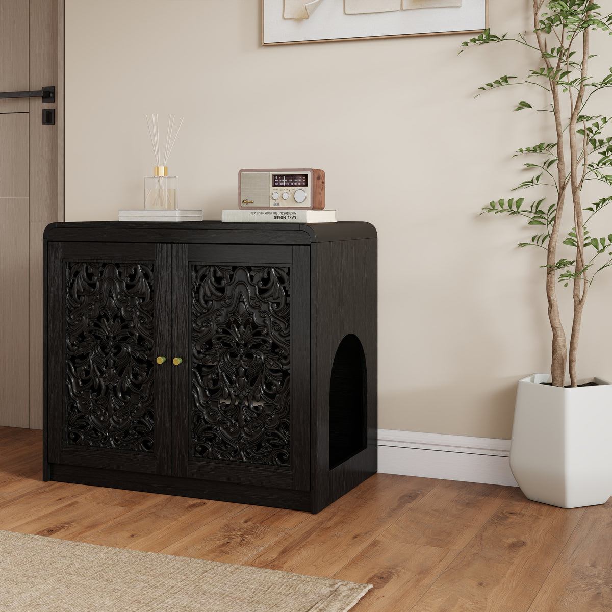 Black Hollow‑Carved Cat Litter Box Enclosure Cabinet, Multi‑Purpose Sideboard with Vent & Large Cat Entry for Living Room & Entryway. Note: Litter box and cat mat not included.