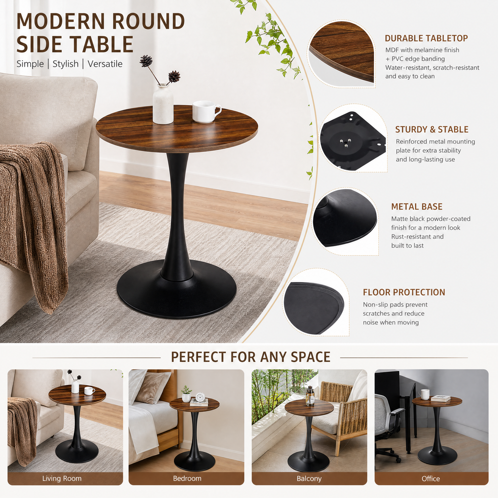 Dark Wood Grain Round Dining Table, 24-Inch, MDF and Metal Base