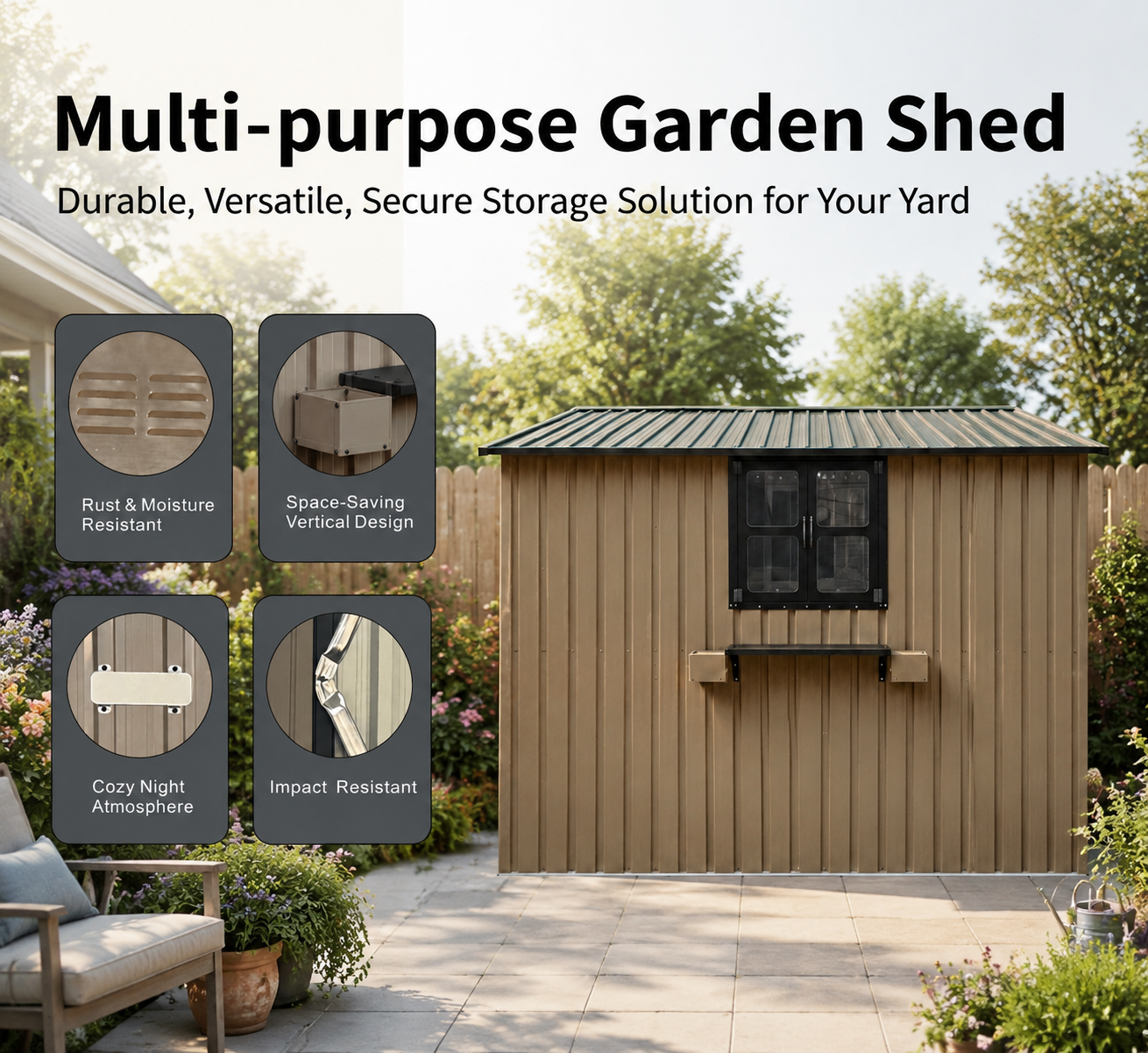 10x8 FT Outdoor Metal Storage Shed with Window & Flower Rack