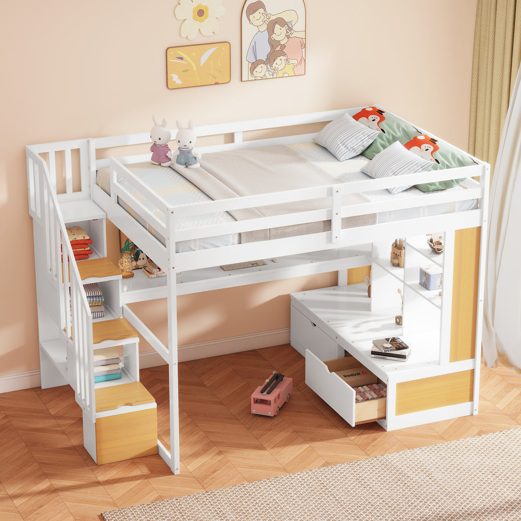 Full Size Loft Bed With Desk And Shelves, Two Built-in Drawers, Storage Staircase