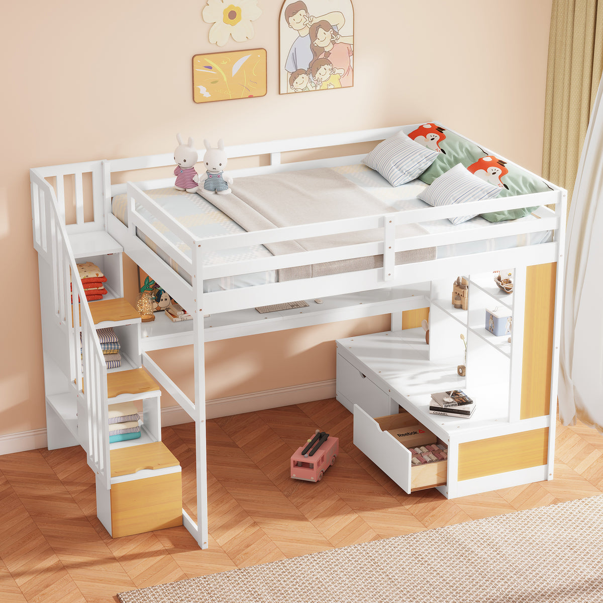 Full Size Loft Bed With Desk And Shelves, Two Built-in Drawers, Storage Staircase