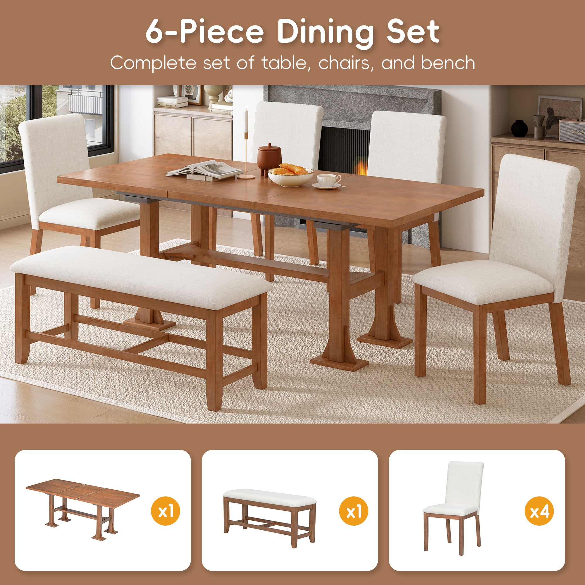 TOPMAX Farmhouse 76-Inch 6-Piece Extendable Dining Table Set