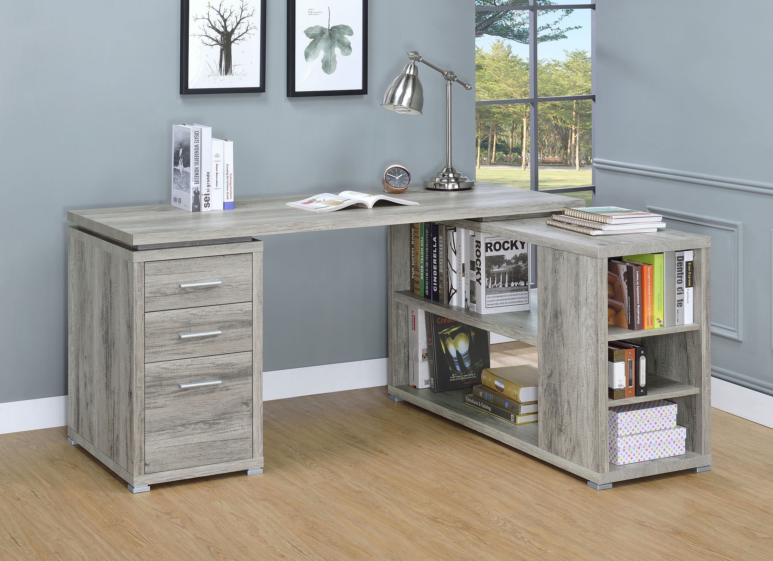 Yvette 60-inch 3-drawer L-Shape Computer Desk Grey Driftwood-CoasterEveryday