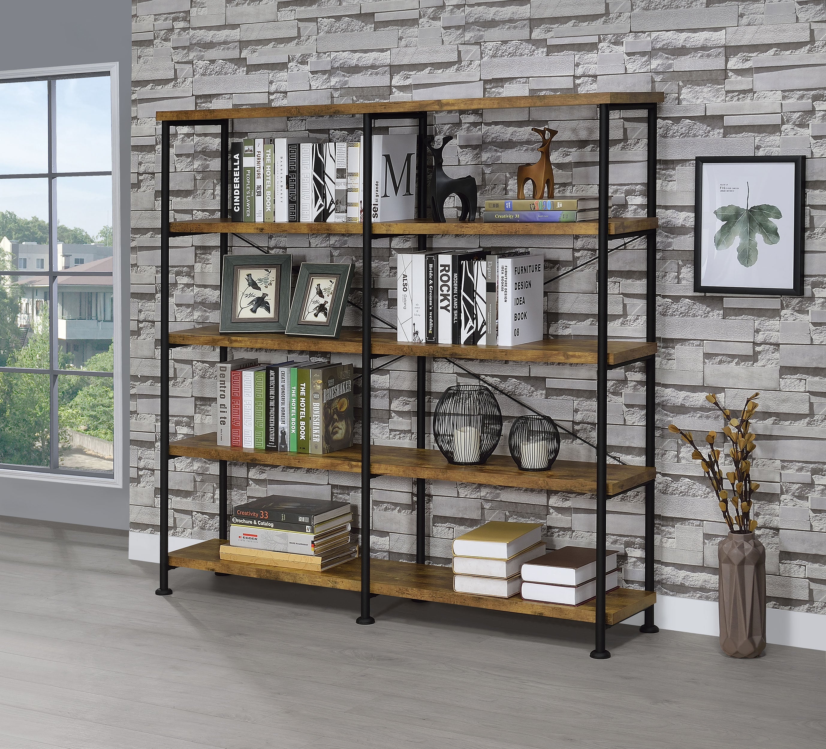 Analiese 63-inch 4-shelf Double Bookshelf Rustic Nutmeg-CoasterEveryday