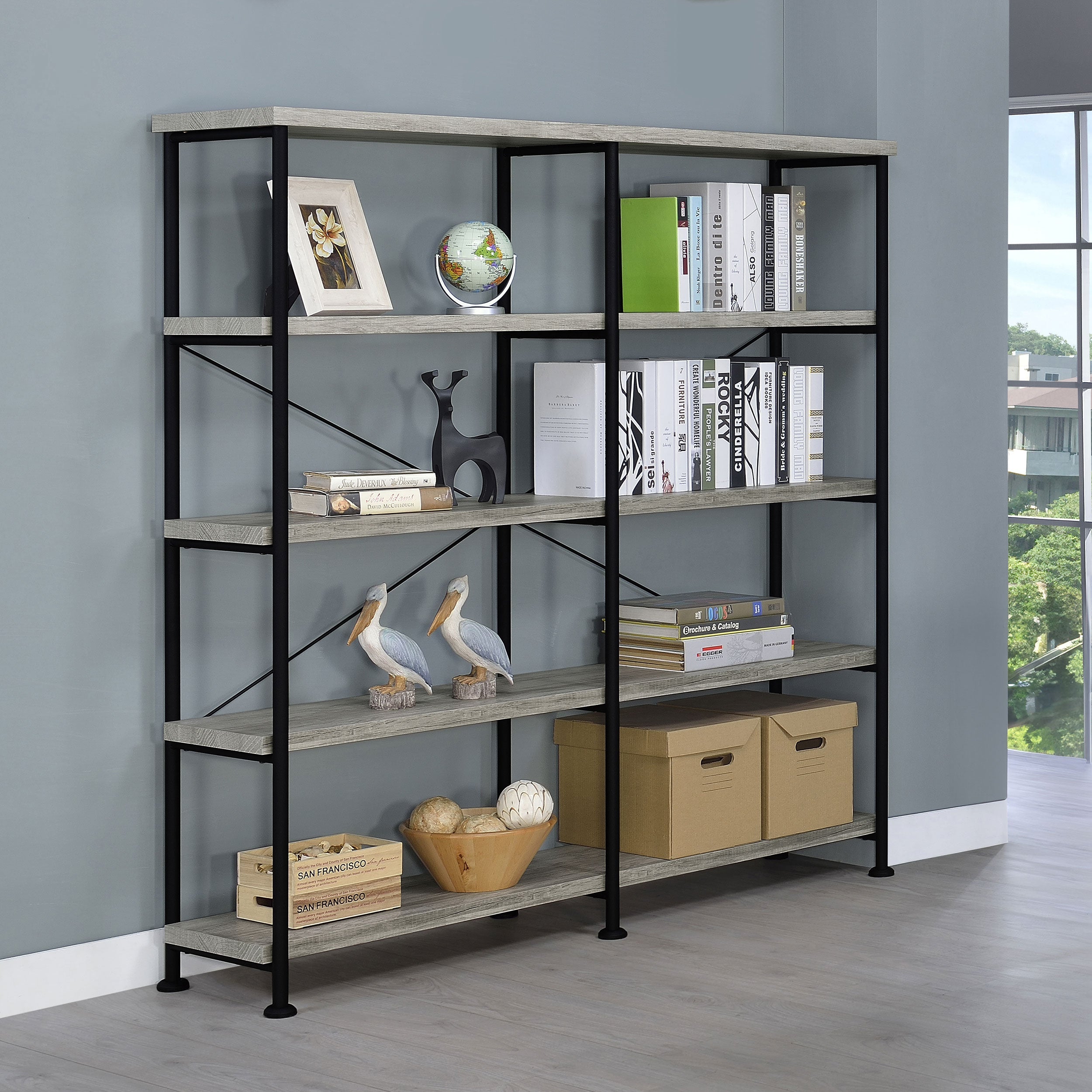Analiese 63-inch 4-shelf Double Bookshelf Grey Driftwood-CoasterEveryday