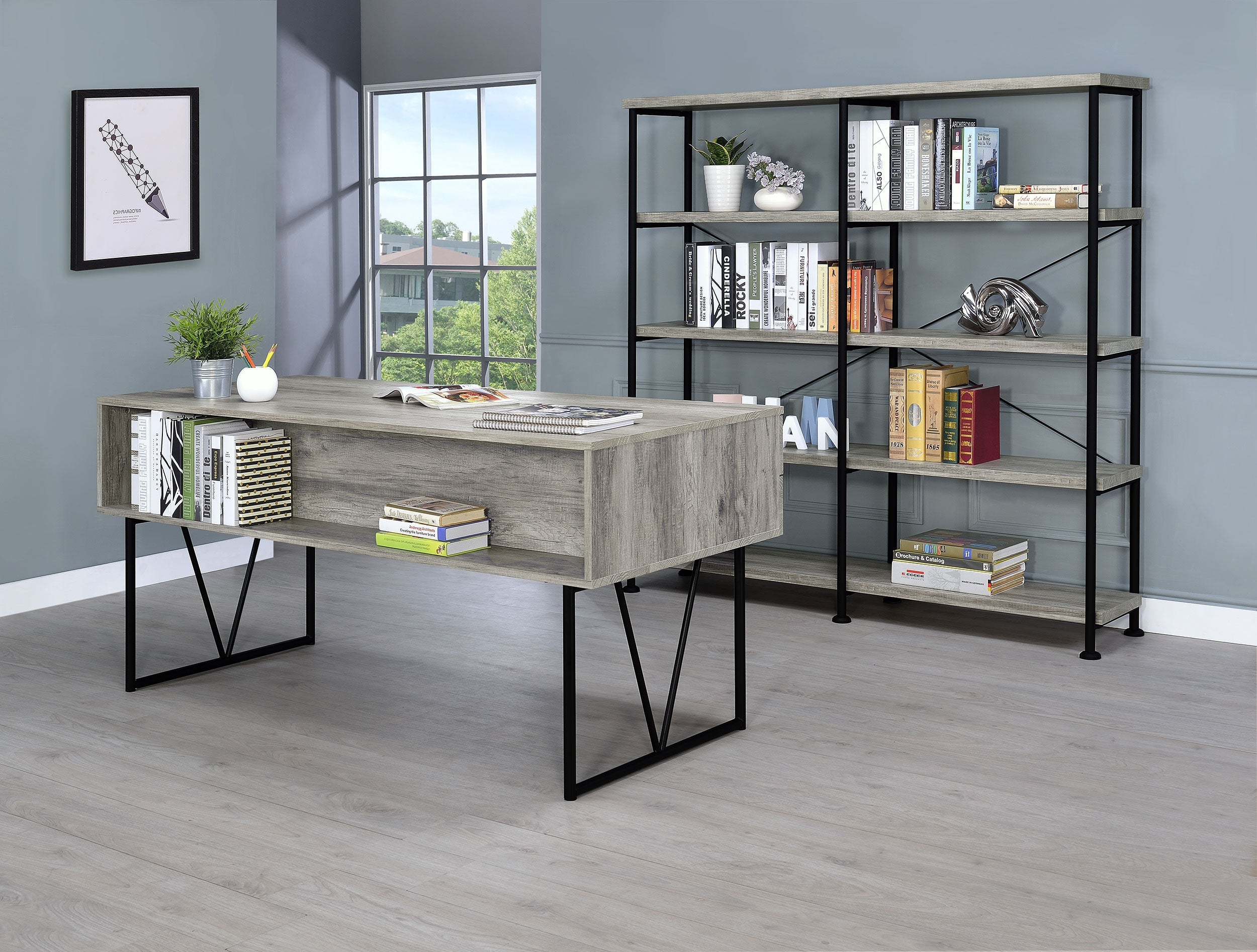 Analiese 63-inch 4-shelf Double Bookshelf Grey Driftwood-CoasterEveryday