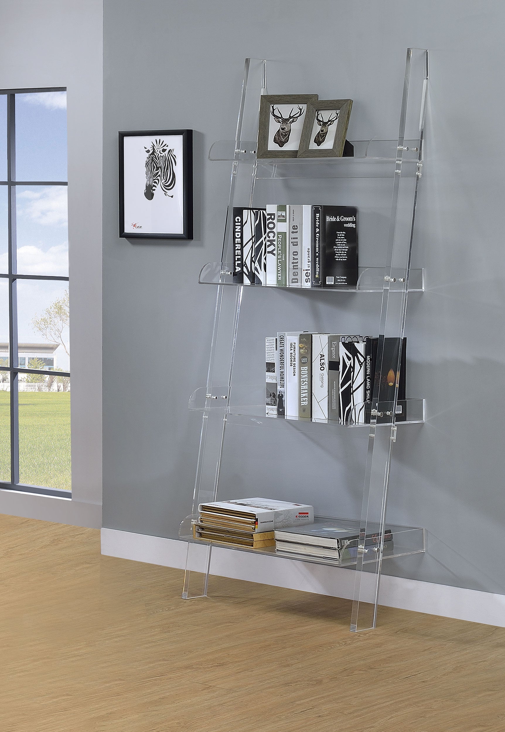 Amaturo 72-inch 4-shelf Acrylic Ladder Bookshelf Clear-CoasterEssence