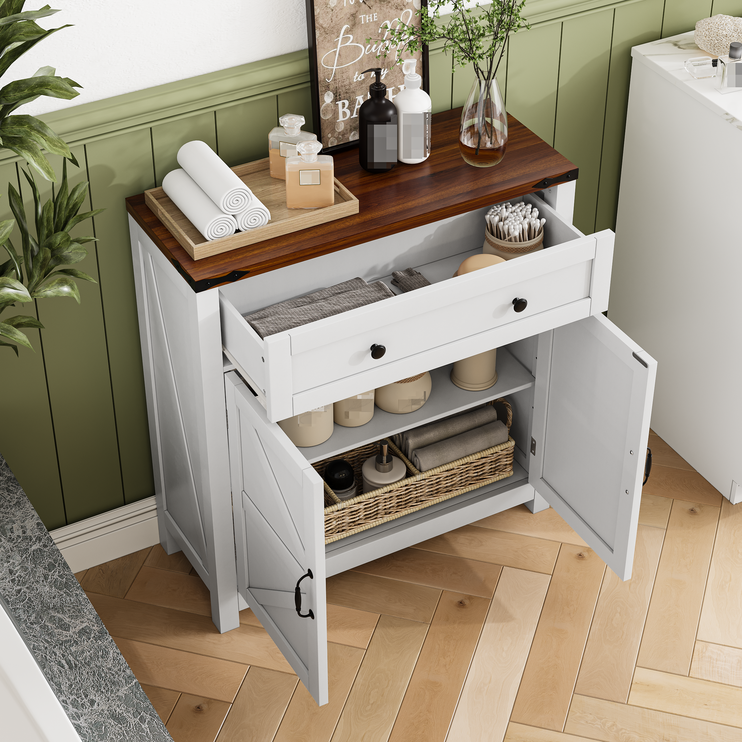 Farmhouse Storage Cabinet with Drawer and Adjustable Shelf