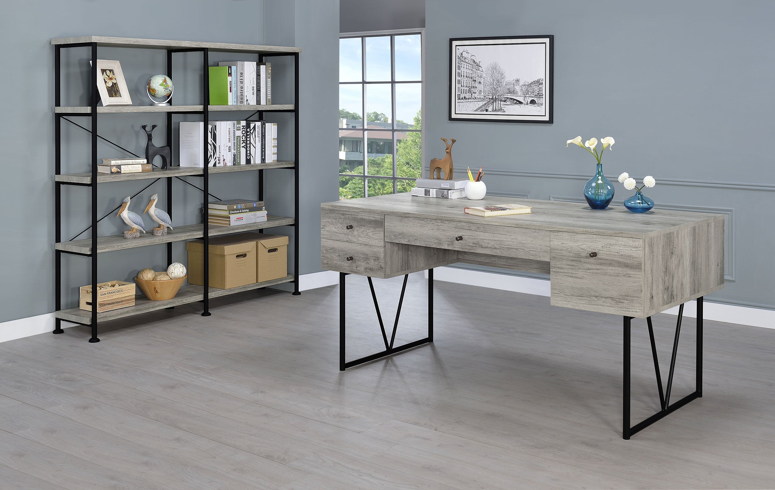 Analiese 63-inch 4-drawer Writing Desk Grey Driftwood-CoasterEveryday