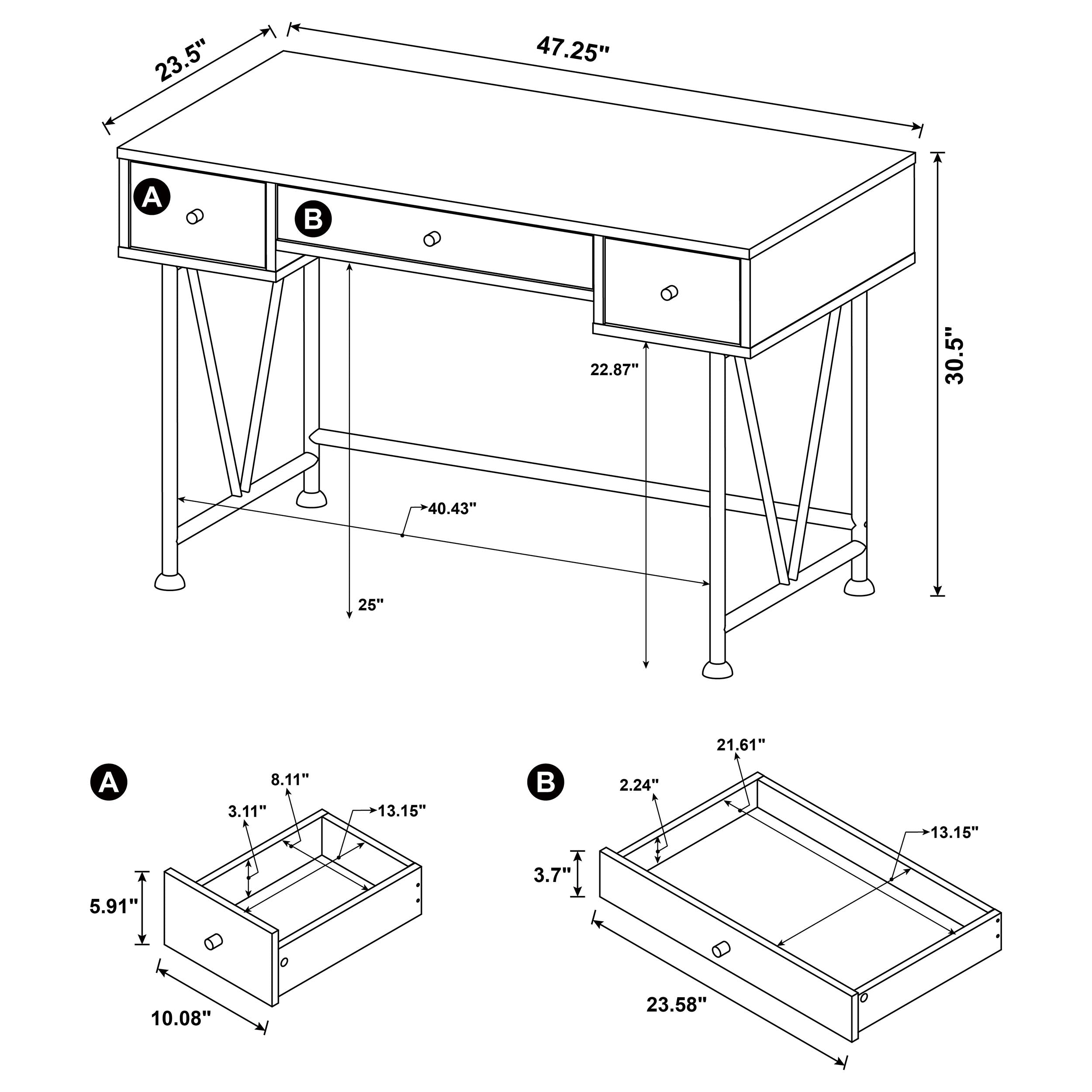 Analiese 47-inch 3-drawer Writing Desk Mango-