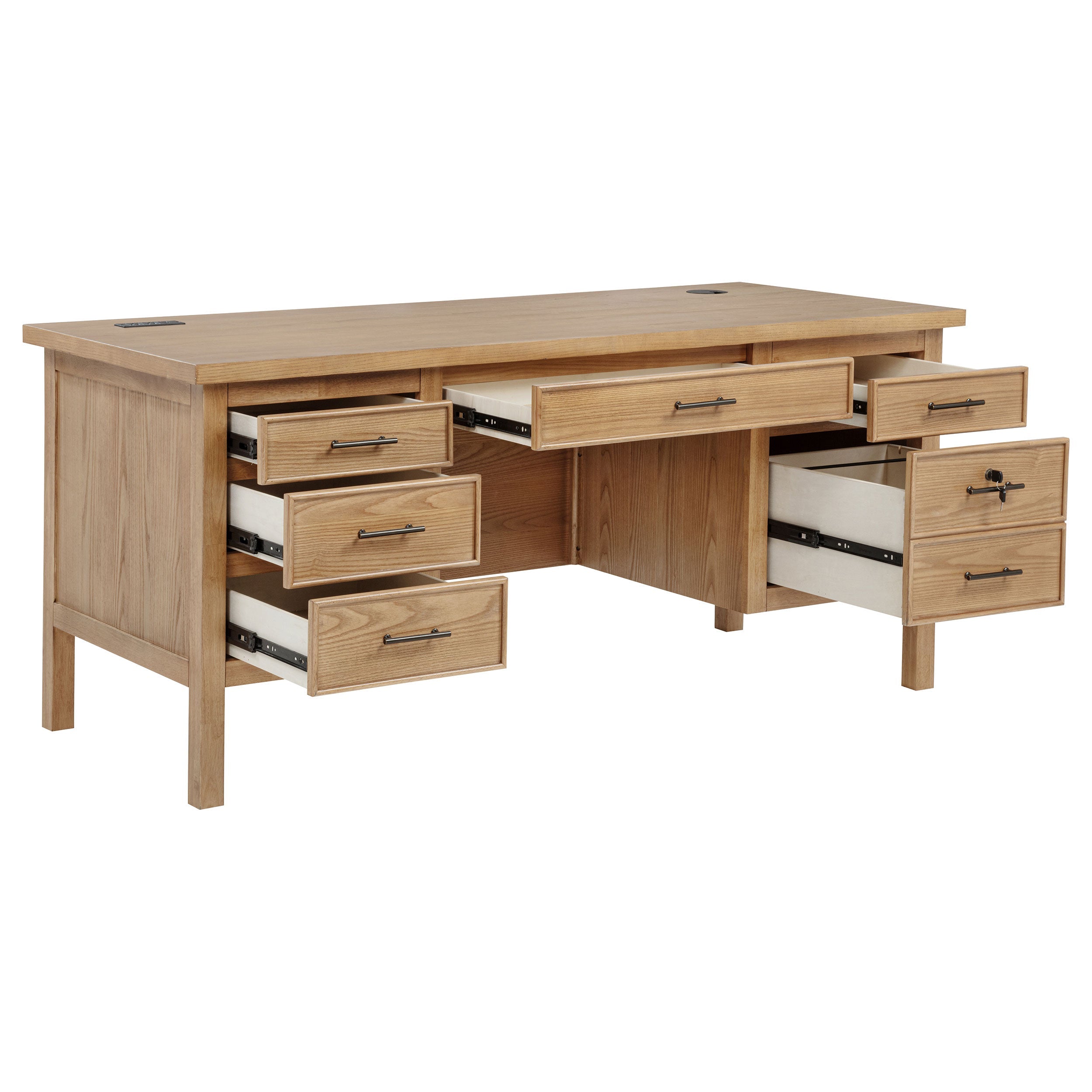 Vermes 66-inch 7-drawer Computer Desk with Power Outlet Light Ash-