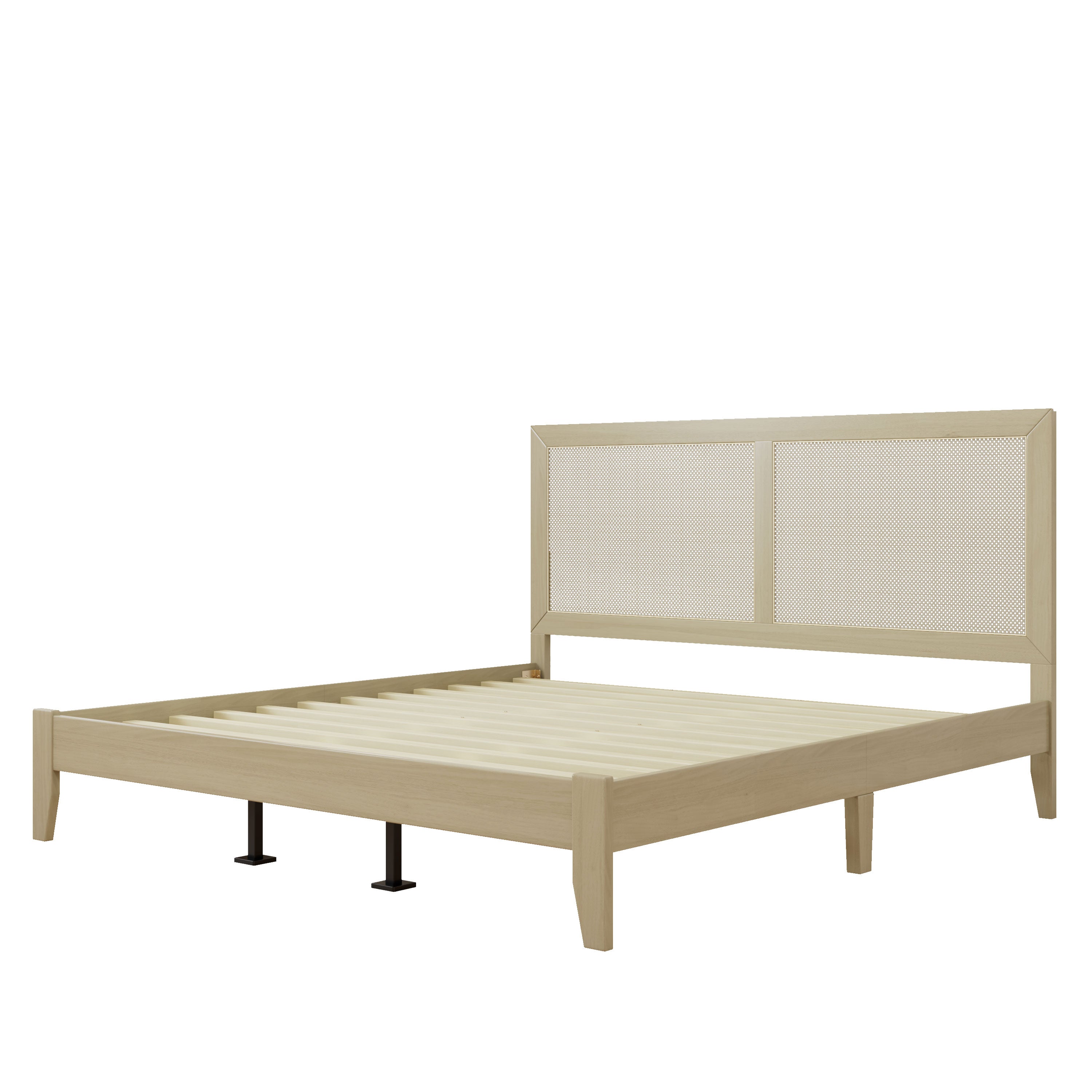 Solid Wood Platform California King Bed With Rattan
