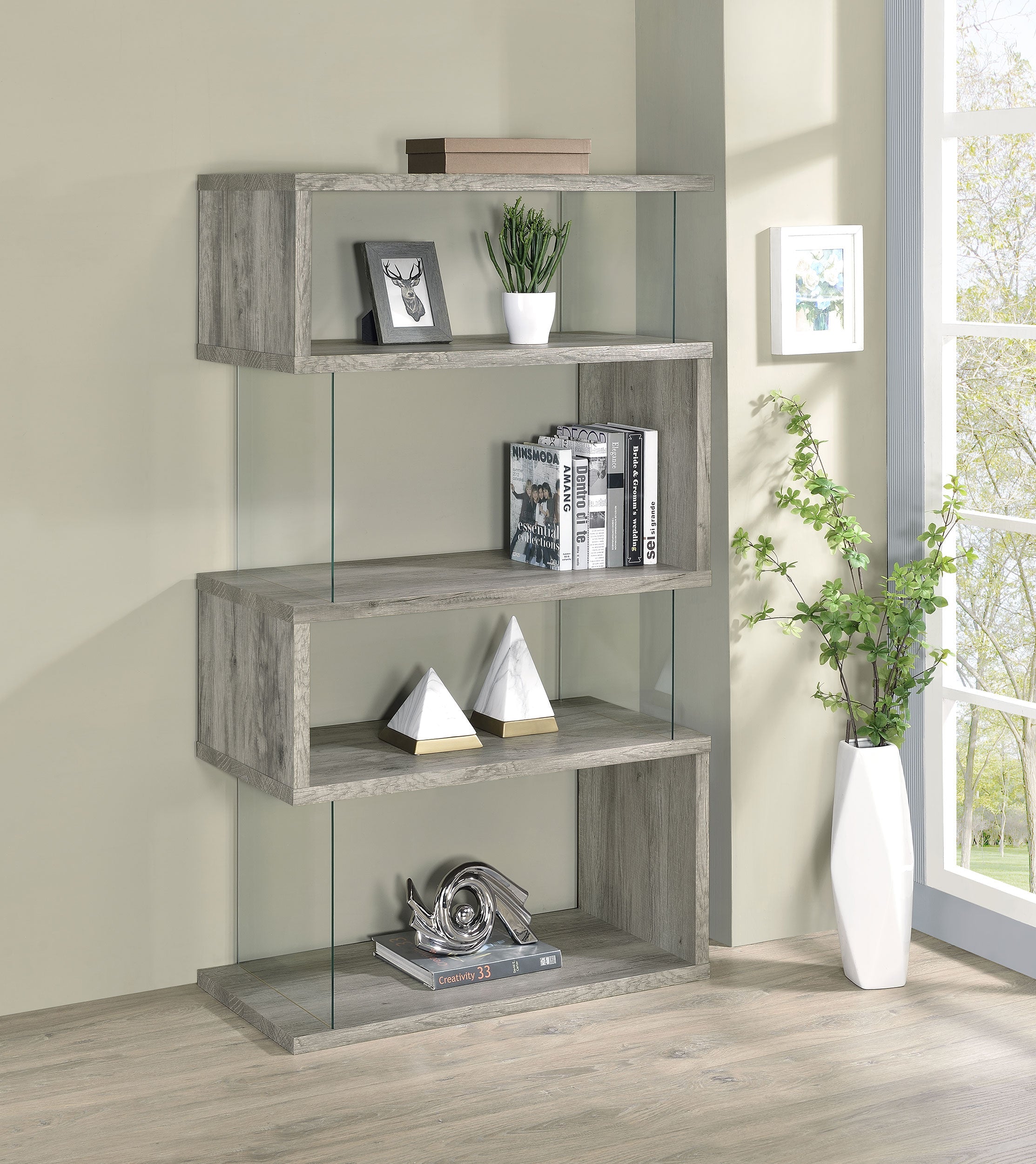 Emelle 63-inch 4-shelf Glass Panel Bookshelf Grey Driftwood-CoasterEssence