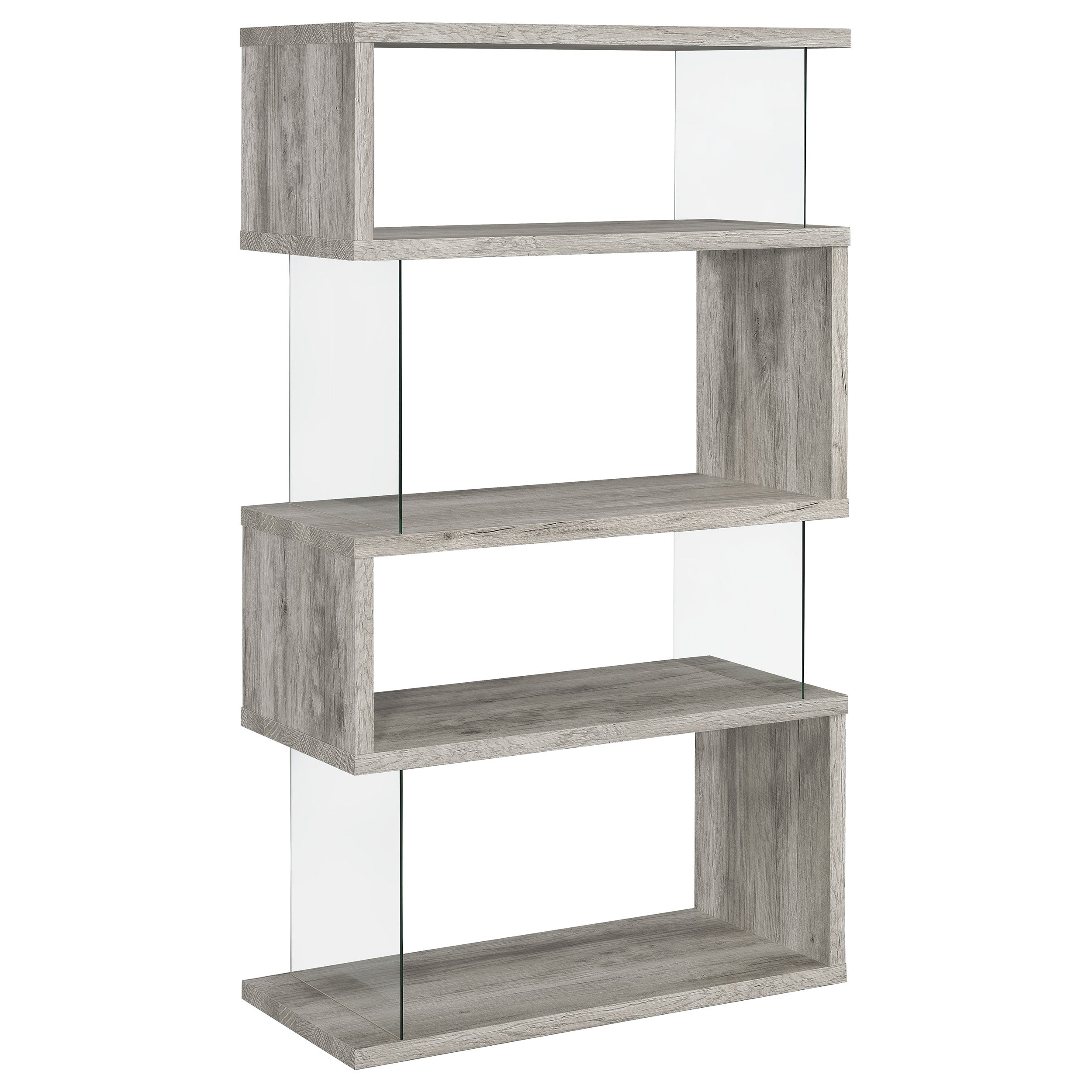 Emelle 63-inch 4-shelf Glass Panel Bookshelf Grey Driftwood-CoasterEssence