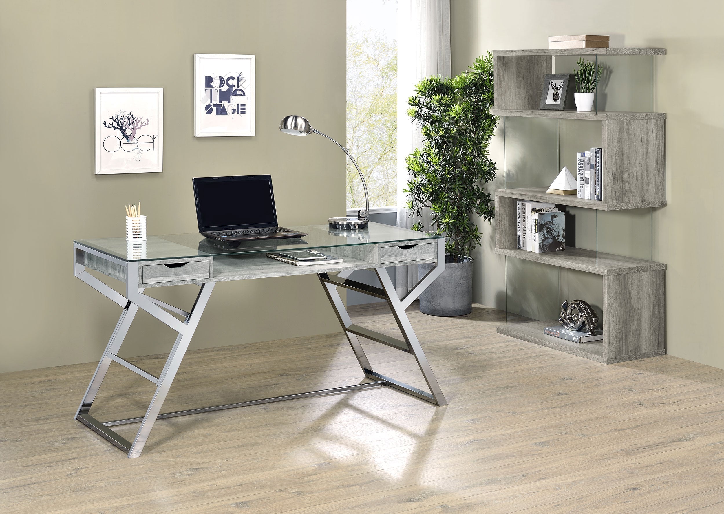 Emelle 63-inch 4-shelf Glass Panel Bookshelf Grey Driftwood-CoasterEssence