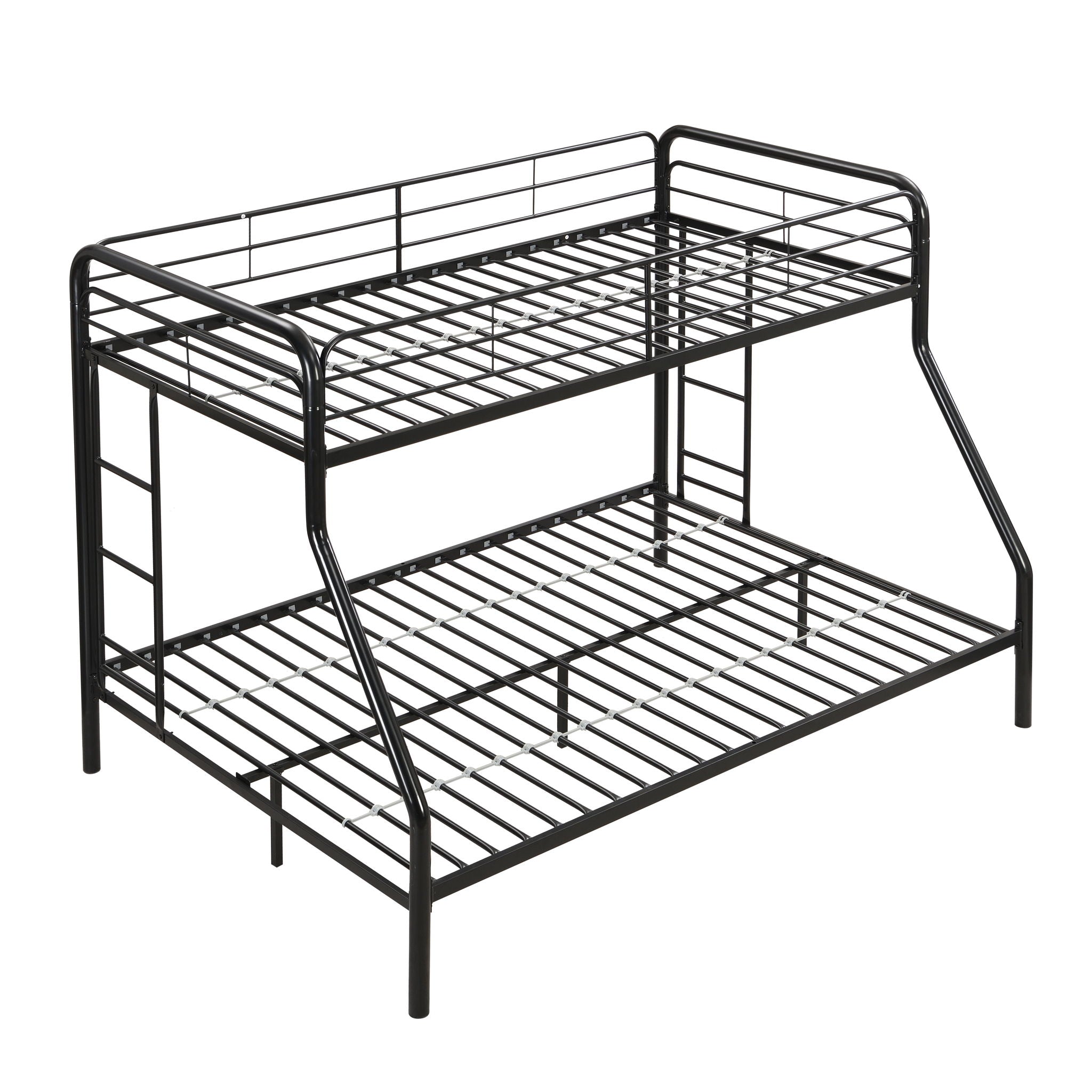 Modern Twin Over Full Metal Bunk Bed with Trundle and Dual Side Ladders