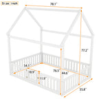 Full Size Wood House Bed with Fence and Door