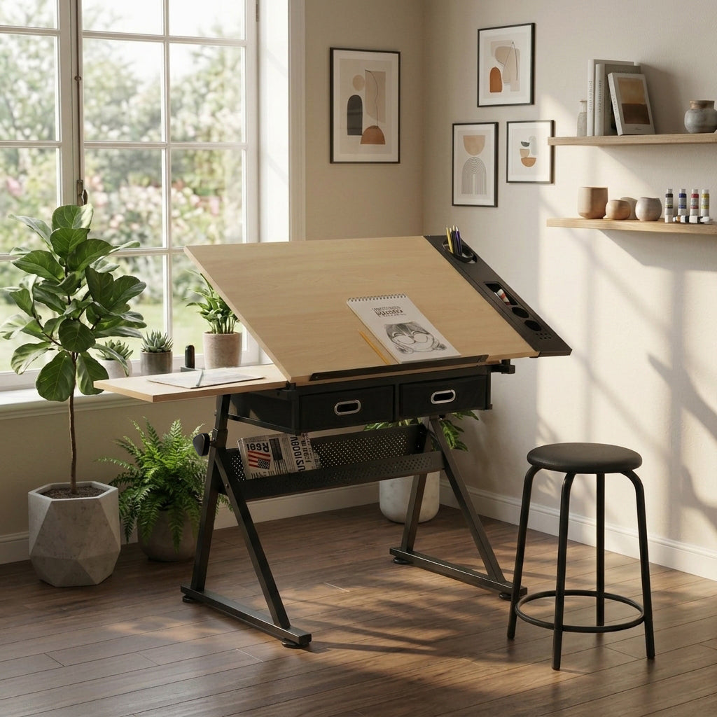 Adjustable Drawing Drafting Table Desk with Stool