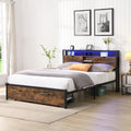 Full Size Metal Platform Bed Frame with Wooden Headboard and USB Charging