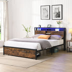 Full Size Metal Platform Bed Frame with Wooden Headboard and USB Charging